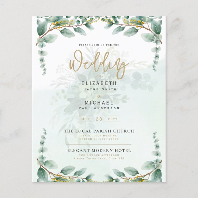 Budgeterad botanisk eukalyptus Wedding INVITE (Framsida)