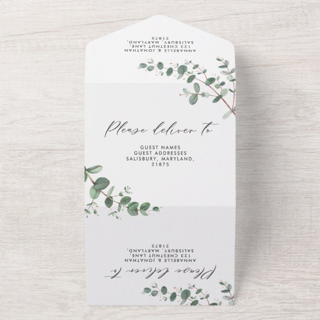 Budgeterad Bröllop Eucalyptus botaniska inbjudan + (Utsida)