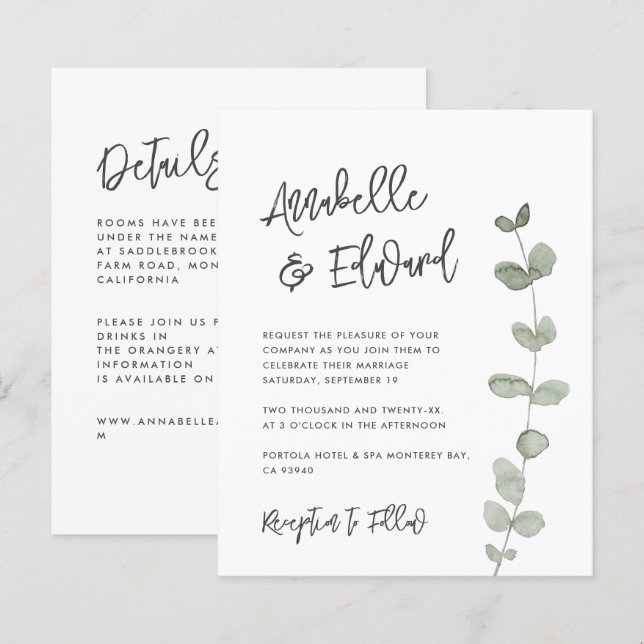 Budgeterad Bröllop-eukalyptus, inbjudan (Fram/baksida)