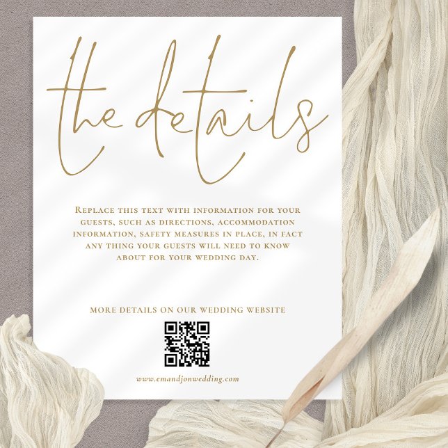Budgeterad Bröllop-information QR Guld-skripthölje (Budget price 4.5 x 5.6" details with QR code)