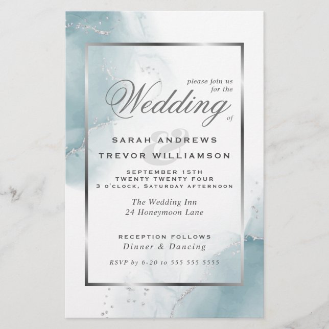 Budgeterad Bröllop Light Teal Blue Silver Abstrakt (Framsida)