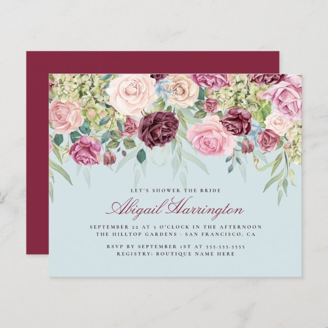 Budgeterad Burgundy Watercolor Blommigt Möhippa (Fram/baksida)
