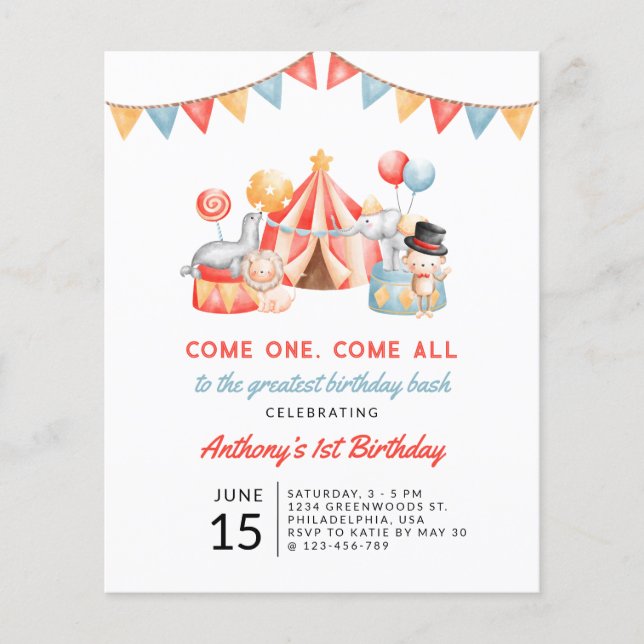 Budgeterad Cute Circus Carnival-festival 1:a födel Flygblad (Framsidan)
