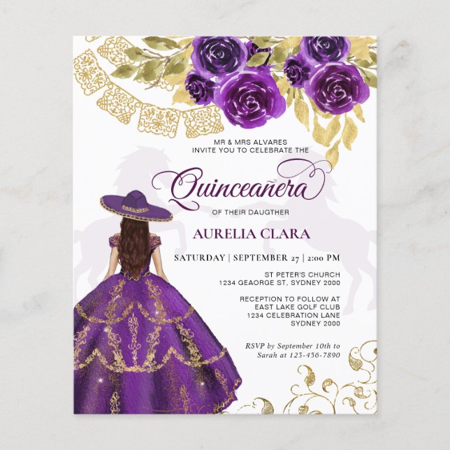 Budgeterad Elegant Blommigt Lila Horse Quinceañera (Framsida)
