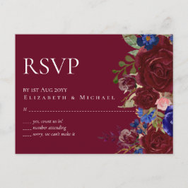 Budgeterad Elegant Burgundy Blue Blommigt Bröllop Vykort