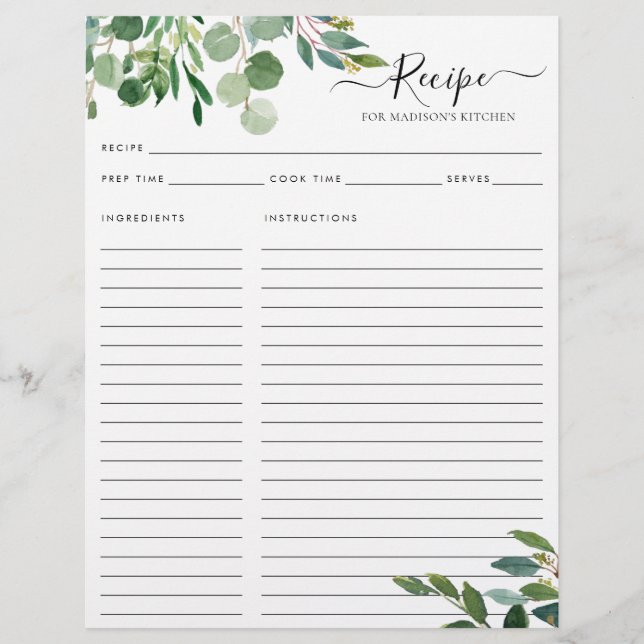 Budgeterad Elegant Eucalyptus Löv Kitchen Recipe Reklamblad (Framsidan)
