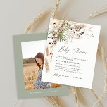Budgeterad elegant för babyduschpampas modern grön flygblad<br><div class="desc">Budgeterad babyduschpampasgräs och eukalyptus moderna boho elegant snyggt foto party design. I en contemporary terracotta,  sage grönt,  naturlig,  gräddvit och svart färgväg.</div>
