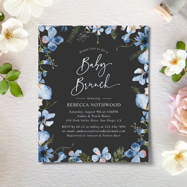 Budgeterad Elegant Grått Blue Baby Brunch-inbjudan (Skapare uppladdad)