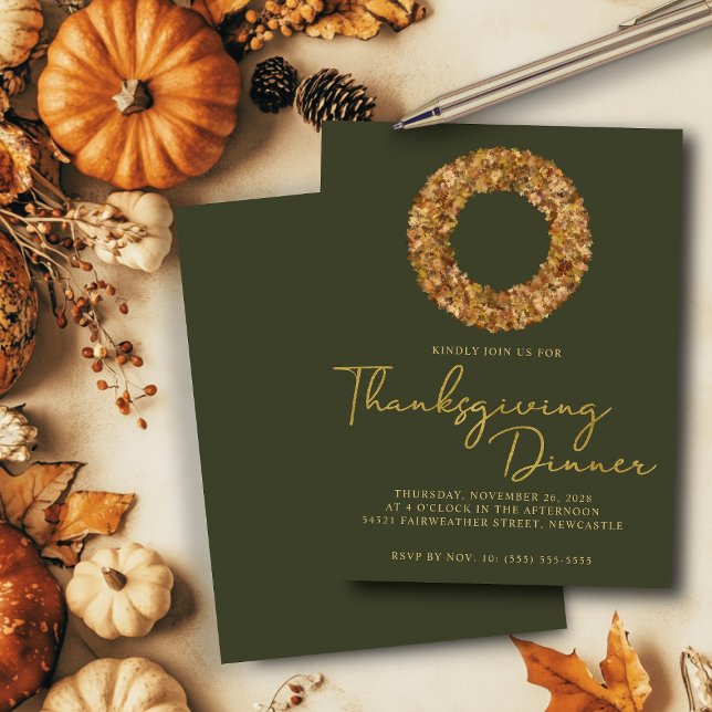 Budgeterad Elegant Grönt Höstkrans Thanksgiving (Budget Elegant Green Autumn Wreath Thanksgiving Invitation)