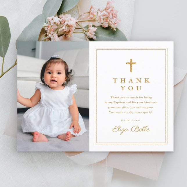 Budgeterad Elegant Guld Kor Photo Baptism Tack (Simple budget photo baptism thank you card with gold cross.)