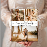 Budgeterad Elegant Hand, tillåtet Bröllop 3-foto Flygblad<br><div class="desc">Budget, Elegant, Modern Hand Lettered Bröllop 3 Photo Collage Tack personlig till ett överkomligt pris för lågbudgetflygare. Snyggt bröllop tackar dig för att du har en kortmall med tre (3) foto på framsidan och ett foto på baksidan. Med texten "tack" i ett kursivt, handskrivet typskript i svart på vit bakgrund....</div>