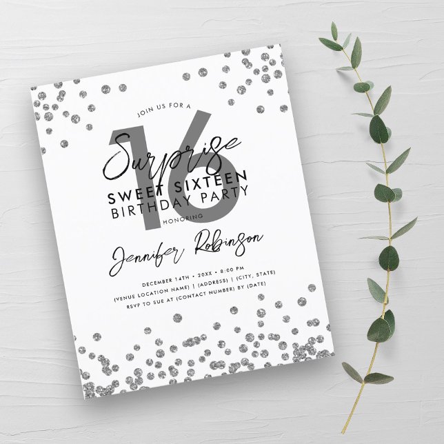 Budgeterad Elegant Silver Konfetti sötad 16 Inbjud (Budget Elegant Silver Confetti Sweet 16 Invite)