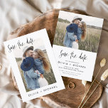 Budgeterad Elegant Spara datum för fotominimalisti Flygblad<br><div class="desc">Budgetkort för Bröllop spara datum som har ett foto på framsidan och baksidan. Spara datumkorten innehåller en modern handskriven kursiv skripttypografi som är elegant,  enkel och modern till använda efter att du har minimalistisk enkel bröllopsdag firande.</div>