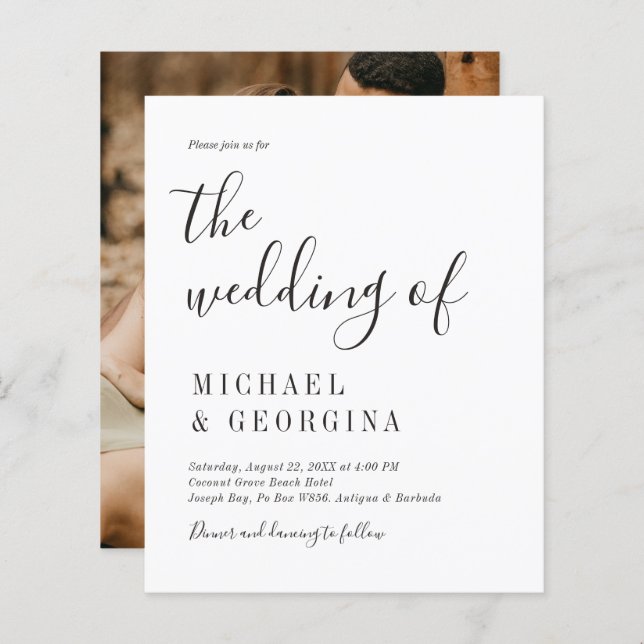 Budgeterad enkel inbjudan till svartvit fotobröllo (Fram/baksida)