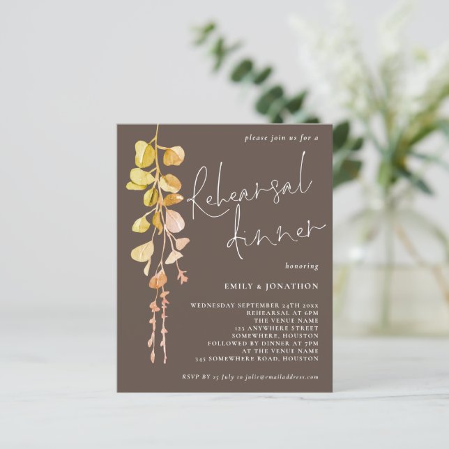 Budgeterad eukalyptus Earth Tones Rehearsal Dinner (Stående Fram)