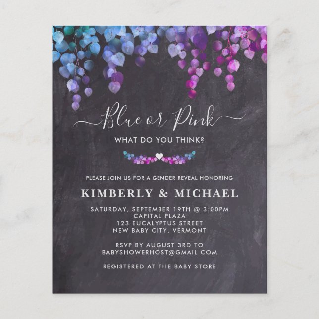 Budgeterad eukalyptus Gender Reveal Blue Rosa Baby (Framsida)