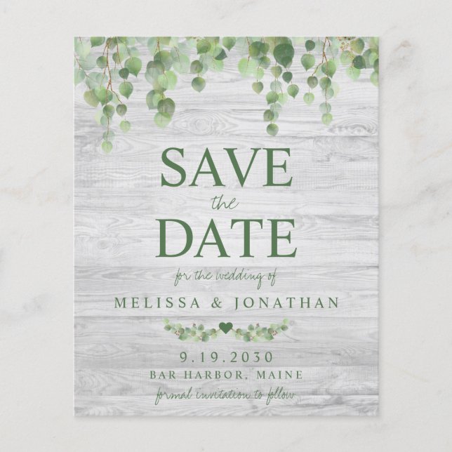 Budgeterad eukalyptus Rustic Save Date Postcard (Framsida)