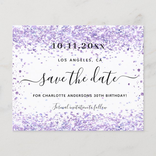 Budgeterad födelsedagsfest violett glitter spara d (Framsida)