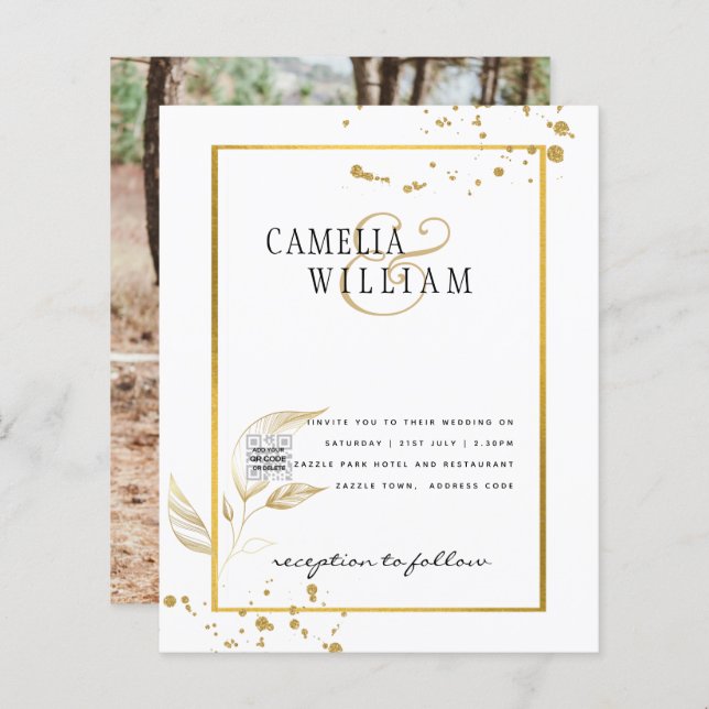 Budgeterad fotobröllopsinbjudan - Spara datum QR-k (Fram/baksida)