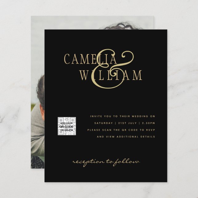 Budgeterad fotobröllopsinbjudan - Spara datum QR-k (Fram/baksida)