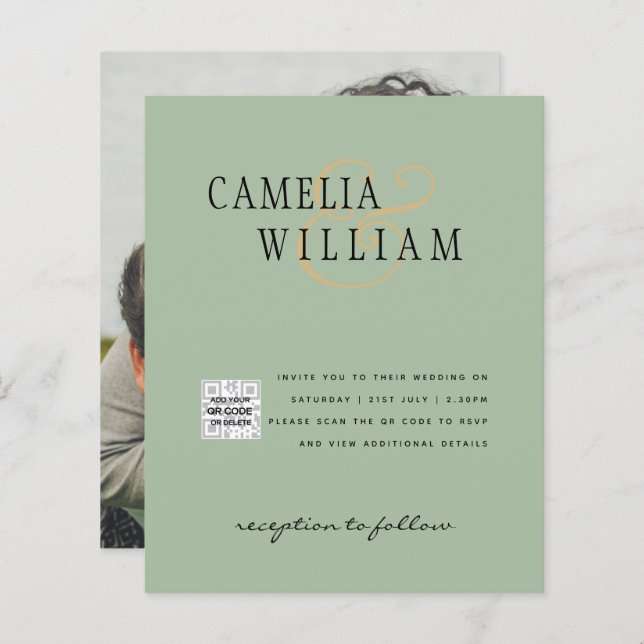 Budgeterad fotobröllopsinbjudan - Spara datum QR-k (Fram/baksida)