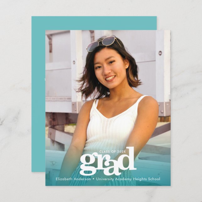 Budgeterad fototurkos blått studenten fet inbjudan (Fram/baksida)