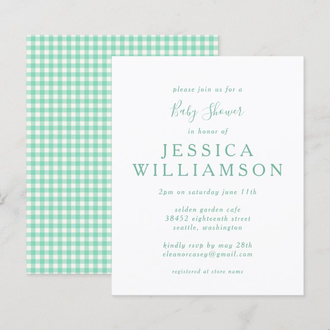 Budgeterad Gingham Play i Mint Grönt Baby Shower (Fram/baksida)