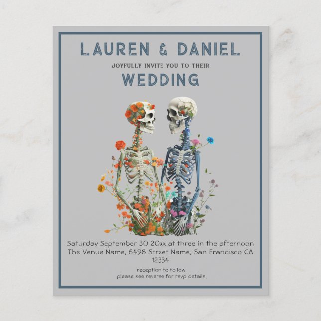 Budgeterad gotisk Blommigt Skeleton QR-kod Bröllop (Framsida)