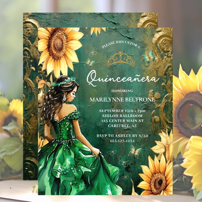 Budgeterad Grönt Guld Solroprinsessan Quinceañera (Skapare uppladdad)