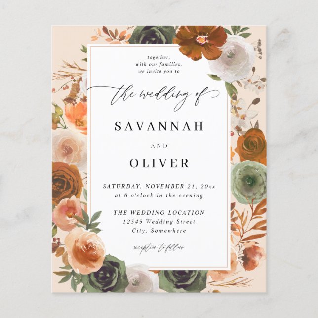 Budgeterad Grönt och Terra Cotta Blommigt Bröllop  Flygblad (Framsidan)