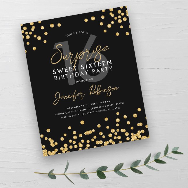 Budgeterad Guld Black Confetti Surprise Sweet 16 (Budget Gold Black Confetti Surprise Sweet 16 )