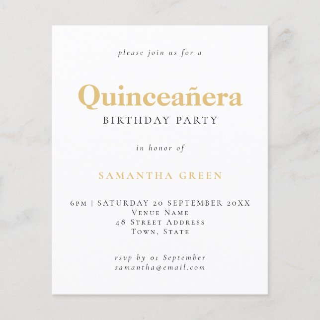 Budgeterad Guld Black Text Quinceañera Birthday In (Framsida)