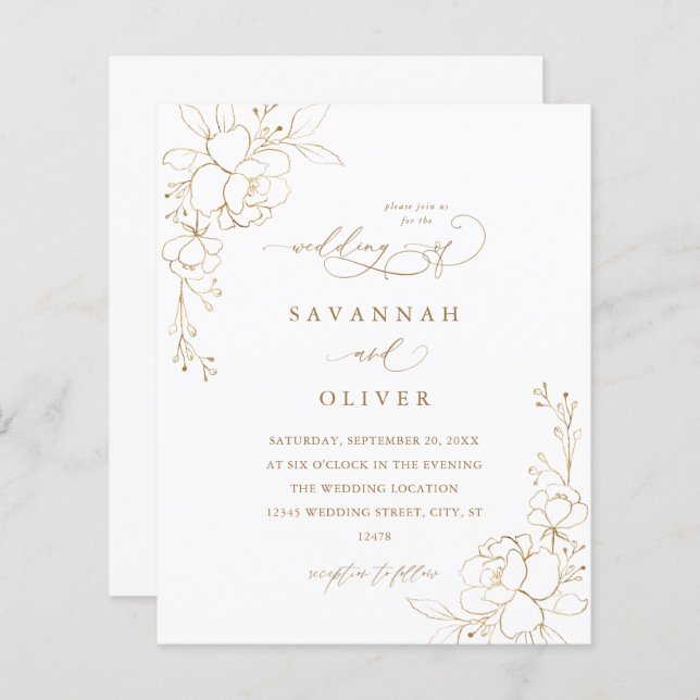 Budgeterad Guld-länkad Blommigt Vit och Guld Bröll (Fram/baksida)