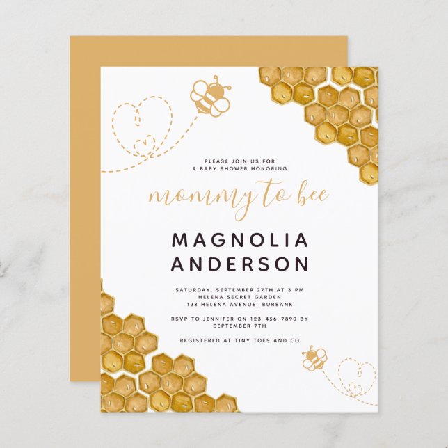 Budgeterad inbjudan till Bee Baby Shower-Mamma (Fram/baksida)