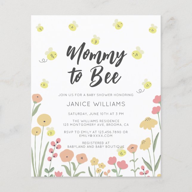 Budgeterad inbjudan till Bee Baby Shower-Mamma (Framsida)