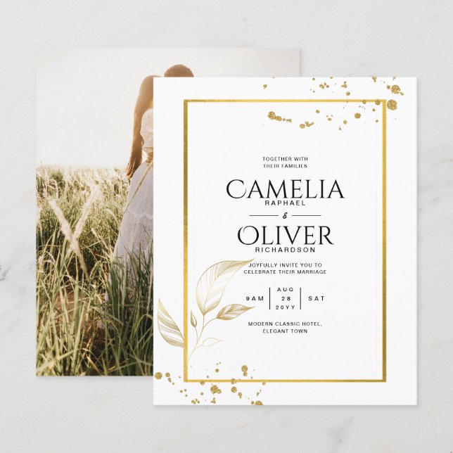 Budgeterad inbjudan till fotobröllop Classic White (Fram/baksida)