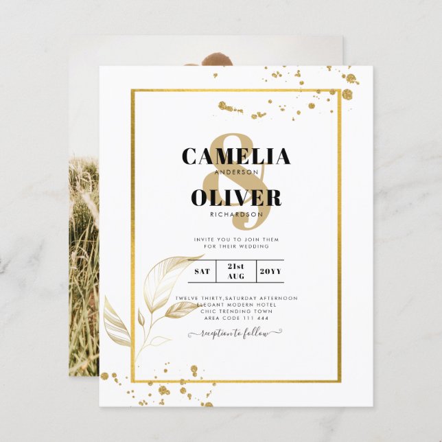 Budgeterad inbjudan till fotobröllop Classic White (Fram/baksida)