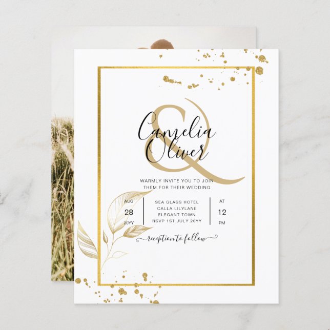 Budgeterad inbjudan till fotobröllop Classic White (Fram/baksida)