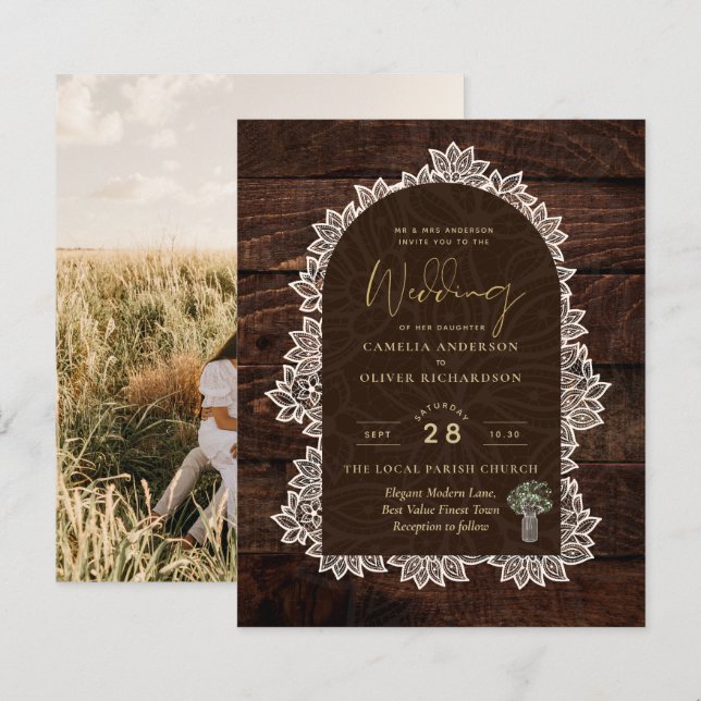 Budgeterad inbjudan till fotobröllop Rustic Snöre  (Fram/baksida)