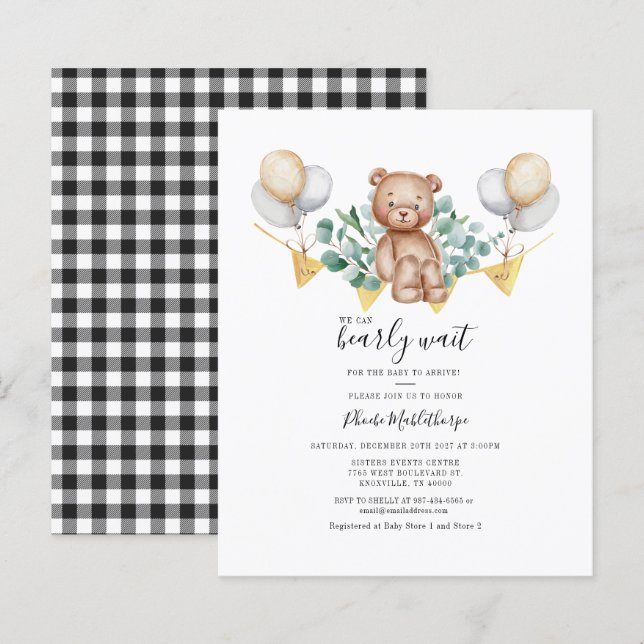 Budgeterad inbjudan till Gingham Baby Shower Eucal (Fram/baksida)
