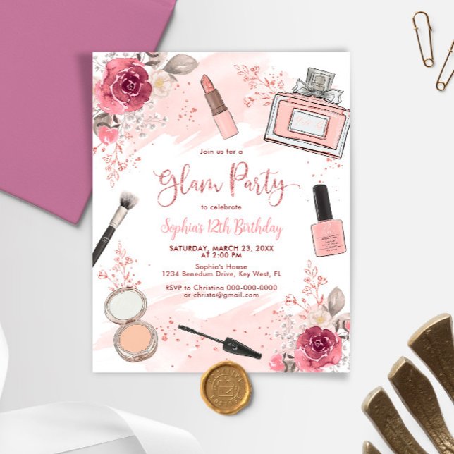 Budgeterad inbjudan till Glam Makeup  Spa Birthday (Skapare uppladdad)