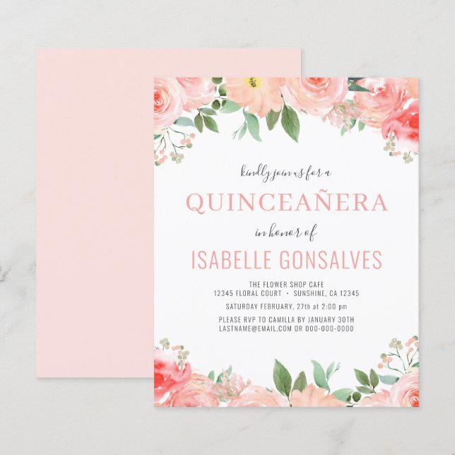 Budgeterad inbjudan till QUINCEAÑERA Birthday Cora (Fram/baksida)