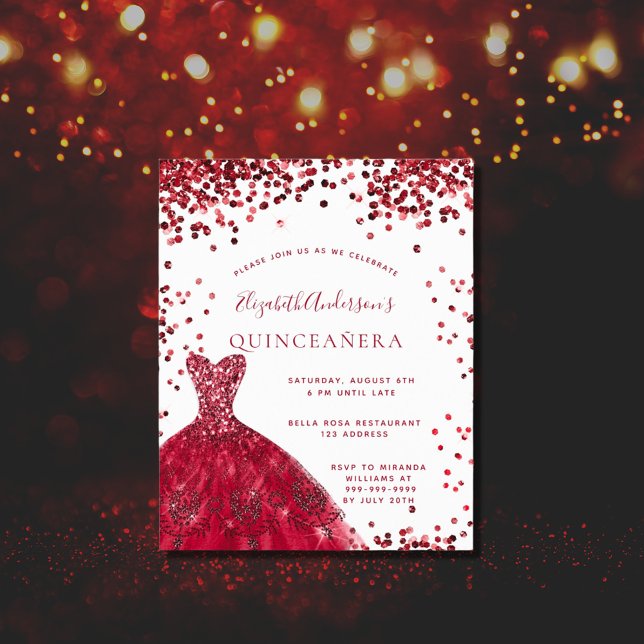 Budgeterad inbjudan till Quinceanera-röd vit klänn (Skapare uppladdad)