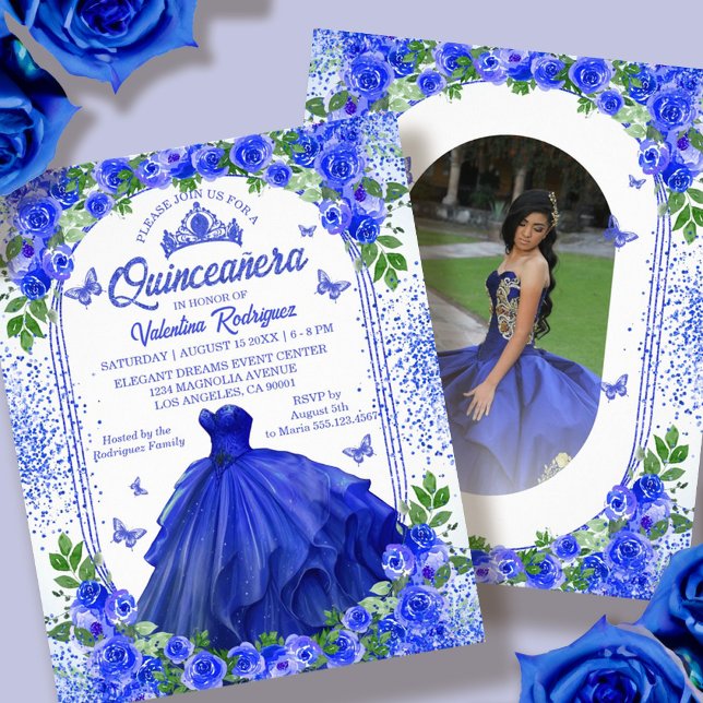 Budgeterad inbjudan till Royal med blå Blommigt Qu Flygblad (Budget Blue Floral Quinceanera Invitation Flyer)