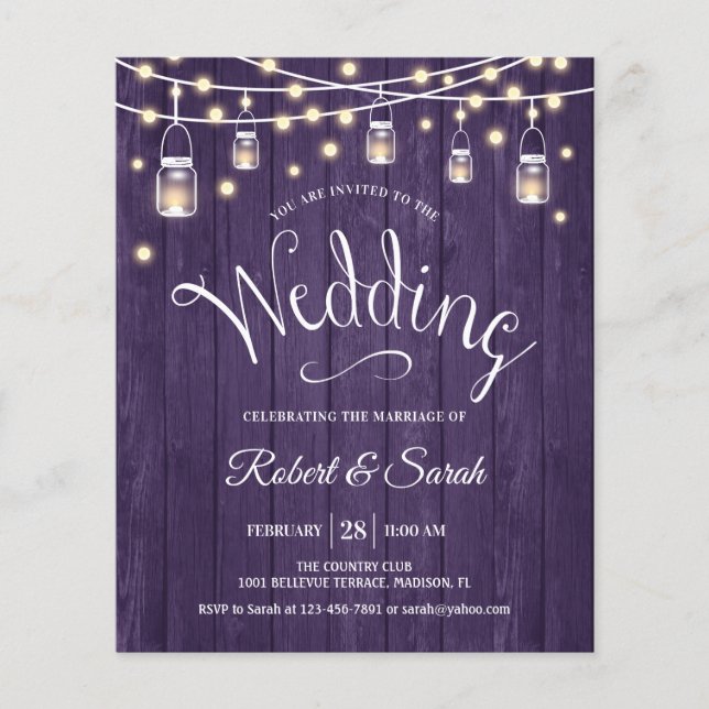 Budgeterad inbjudan till Rustic Lila Wood Wedding Flygblad (Framsidan)