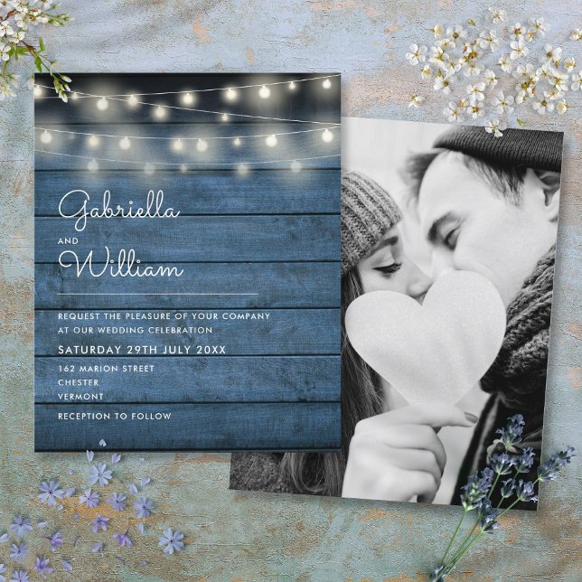 Budgeterad inbjudan till Rustic String Ljus Photo  (Budget Rustic String Lights Photo Wedding Invite)