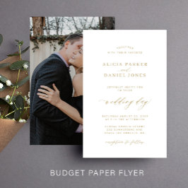 Budgeterad inbjudan till vita fotobröllop i guld flygblad
