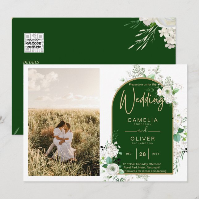 Budgeterad kod för hela Vit ros Grönt Bröllop QR Inbjudningar (Fram/baksida)