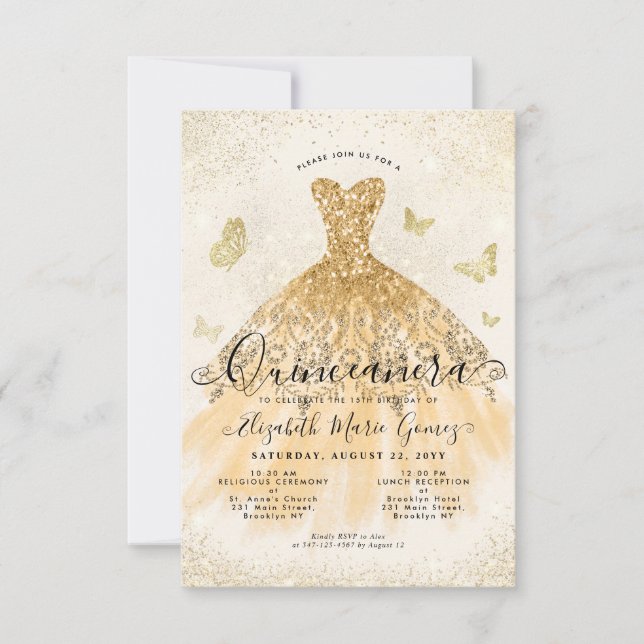 Budgeterad Light Gult Guld Glitter Gown Quinceaner Anteckningskort (Framsida)