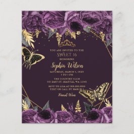 Budgeterad Lila Blommigt Butterfly Sweet 16-inbjud